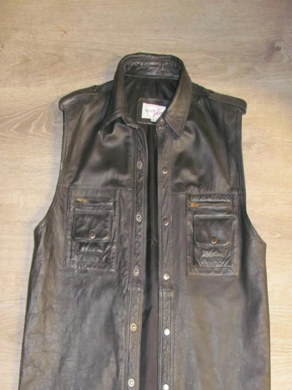 Men's Bagazio Black Leather Vintage Biker Vest Snap Front Size Large L